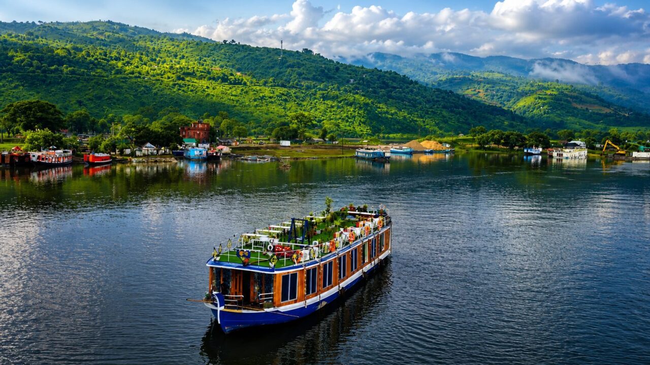 ভেলা হাউসবোট, পেছনে মেঘালয়ের পাহাড়